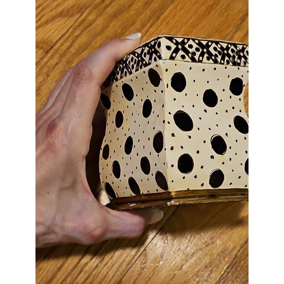 Hand Painted Black, White & Gold Wood 2 Deck Playing Card Holder Canasta Bridge - Picture 12 of 14